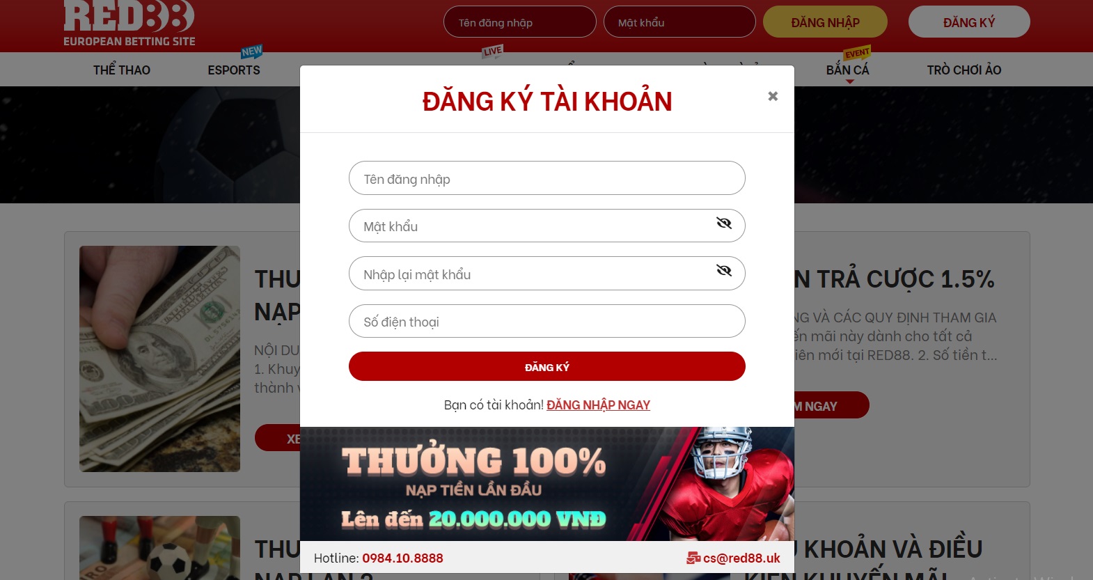 Đăng ký tài khoản tại nhà cái Red88